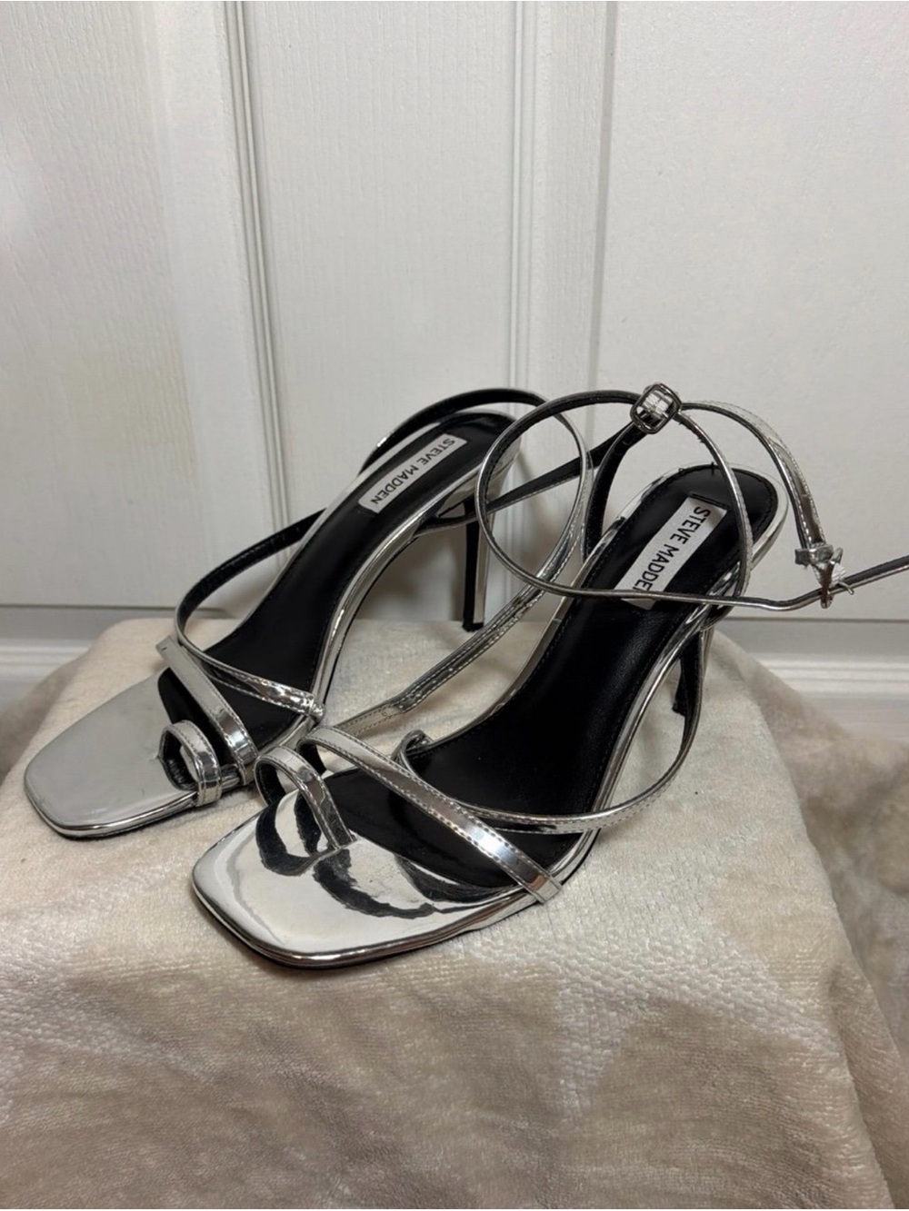 Steve Madden Silver Mirrored Strappy Stiletto Sandals